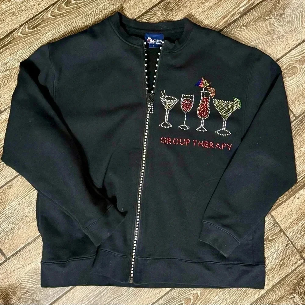 ACES Womens Zip Up Sweatshirt Medium Drinks Bling Girls Night Out Party Black